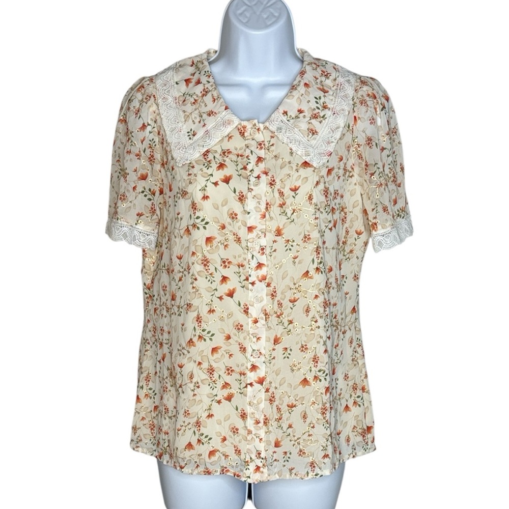Allegra K Cream Floral Lace Blouse